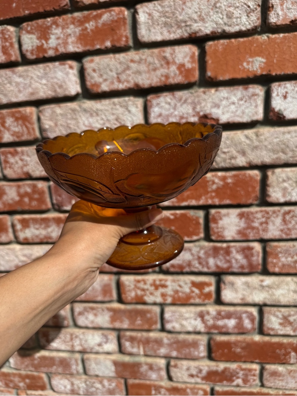 Vintage Amber Pressed Glass Pedestal Fruit Bowl Scalloped 60s 70s